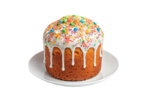 Festive cake topped with white icing and colorful sprinkles on a white plate, concept of celebration and desserts png