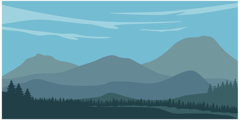 Mountain landscape with silhouettes of forest trees mountains and hills. Panoramic mountain view.