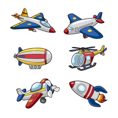 Cartoon illustration of various air transportation. helicopter, fighter plane, aeroplane, propeller plane, zeppelin, and rocket