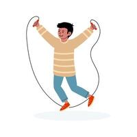 Happy child jumping rope in playful activity at home during a sunny afternoon vector