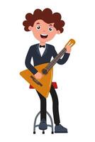 Happy musician playing a guitar while sitting on a stool in a cheerful setting vector