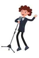 Young performer singing into microphone on stage with enthusiasm during a talent show vector