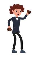 Person in a tuxedo dancing with dumbbells at a lively event celebration vector
