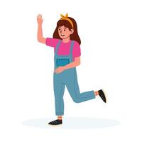 Girl in overalls waving happily while running in a playful manner vector