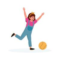 Child joyfully playing soccer indoors with a yellow ball in a bright and cheerful setting vector