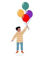 Child joyfully holds colorful balloons while smiling in a bright and playful atmosphere vector