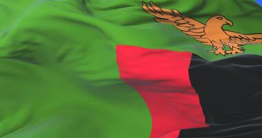 Flag of Zambia waving at wind in slow with blue sky, loop video