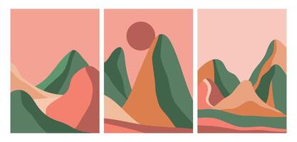 Abstract mountain illustrations on set. Flat abstract design. Mid century modern minimalist art print. Abstract backgrounds landscape vector