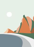 Flat design landscape background with line art, mountains, sea, and hills. creative minimalist modern art print. use for print art, poster vector