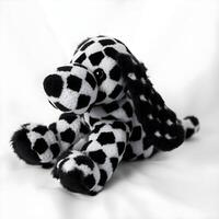 A black and white stuffed dog with a checkered pattern photo