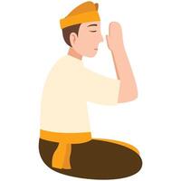 Man in a Balinese outfit praying in a spiritual setting ideal for cultural and religiousthemed design projects and travel promotions. vector