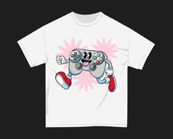 A white t - shirt with a cartoon character running with a controller vector