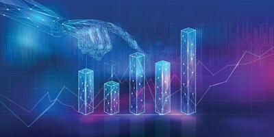 A blue background with growth graphs and an abstract AI stock market chart vector