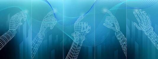 3D wireframe of robotic hand models on a modern digital background vector