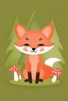A cheerful cartoon fox surrounded by mushrooms in a serene forest setting. vector