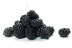 Fresh blackberries stacked and arranged on a neutral background in a close-up view showing texture and color photo