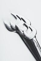 Collection of polished metal tools arranged on a light surface highlighting their intricate design and craftsmanship photo