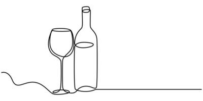 continuous line of wine bottles and glasses vector