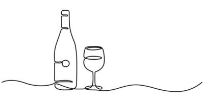 continous one line drawing bottle of wine with wineglass vector