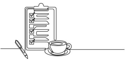Continuous one line drawing of checklist clipboard with pen with coffee cup vector