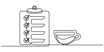 Continuous one line drawing of checklist clipboard with pen with continuous line drawing a cup of coffee icon vector