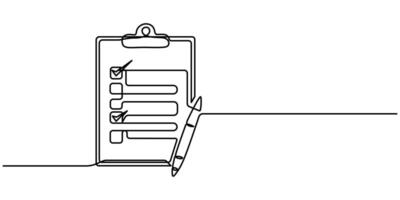 Clipboard with checklist and pen in continuous one line drawing To do list with ticks and concept vector
