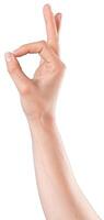 Hand gesture indicating approval with a raised index finger and thumb against a plain background photo
