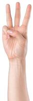 Hand shows three fingers in gesture indicating the number three against a plain background photo
