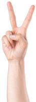 Hand showing peace sign against a clean background during a calm moment of expression in a serene atmosphere photo