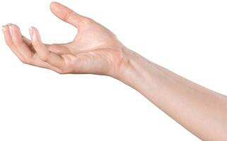Outstretched hand reaching forward with open fingers against a neutral background photo
