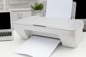 Printer in a modern workspace ready to print documents during the day photo