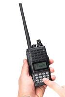 Handheld radio transmitter being used for communication in a home or outdoor setting photo