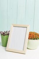 Decorative plants with empty frame on a table against light turquoise background photo
