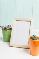 Minimalistic tabletop display featuring empty frame and potted succulents in vibrant planters against a soft background photo