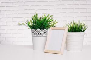 Decorative indoor plants and empty frame on a table against a white brick wall photo