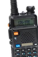 Handheld radio device displaying frequency and settings for communication in a modern context photo