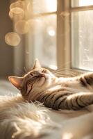 Cat relaxing in sunlight with gentle reflections in a cozy indoor setting during golden hour photo