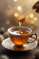 Golden honey drizzles into a delicate tea cup adorned with intricate patterns in soft evening light photo