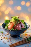Delicious salmon sashimi served in a beautiful bowl, garnished with green onions and sesame seeds against a soft background photo