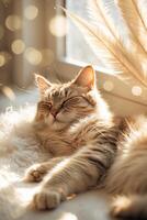 Cozy tabby cat enjoying a sunny afternoon nap by the window with soft light filtering in photo