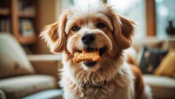 Happy dog enjoying a biscuit in a cozy living room setting during the afternoon photo