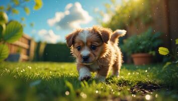 Cute playful puppy exploring a sunny garden filled with vibrant greenery and sunlight in the early afternoon photo