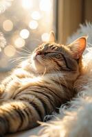 Cat relaxing in sunlight on a soft blanket during late afternoon in a cozy indoor setting photo