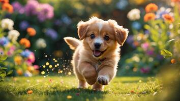 Puppy joyfully running through a colorful garden filled with flowers during a sunny day photo
