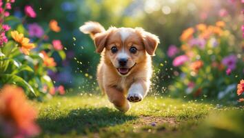 Happy puppy runs through a colorful flower garden on a sunny day in spring photo