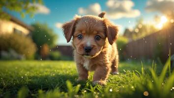 Cute puppy exploring a sunny backyard with grass and glowing sunlight in a tranquil afternoon setting photo