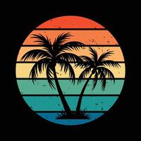 Retro Sunset with Palm Tree Silhouettes Illustration vector