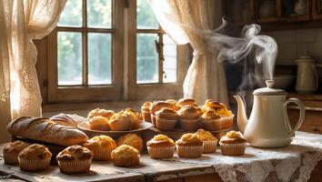 Freshly baked muffins and warm bread displayed on a rustic table in a cozy kitchen with sunlight streaming through the window photo