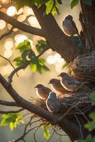 Five young birds resting in a cozy nest perched on a tree branch at sunset, surrounded by soft golden light photo