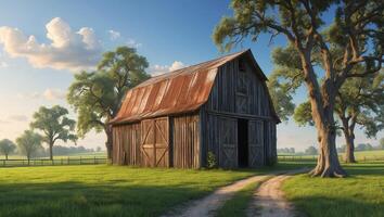 Rustic barn surrounded by green fields and trees during a sunny day in rural countryside photo